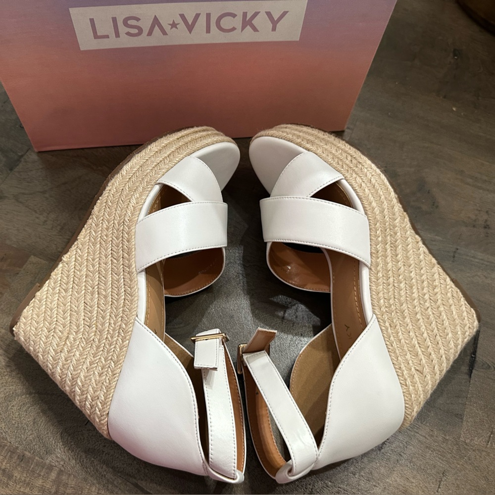 New $100 Lisa Vicky Leather Nordstrom Gemi Espadrille Wedge Sandal Sz 8.5 White - Picture 6 of 12
